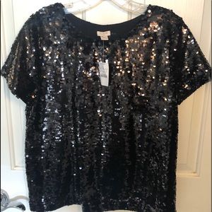 NWT J.Crew Black sequin short sleeve top perfect for holiday parties.